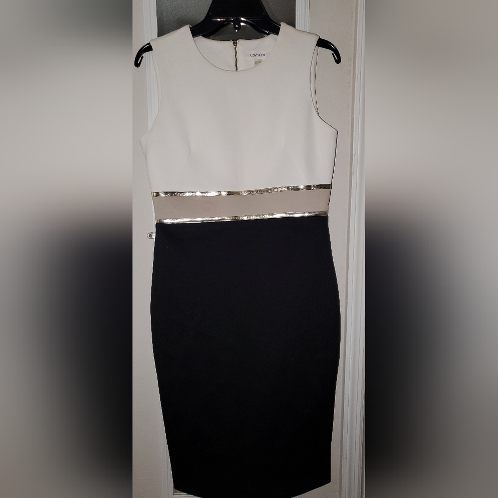 Calvin Klein Collection Black and White Maxi Dress with Silver Trim